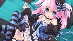 Rule 34 | 1girl, bare shoulders, belt, blue eyes, blush, detached sleeves, fang, gothic lolita, gradient background, hat, lolita fashion, mini hat, mini top hat, pink hair, ribbon, sasamashin, striped clothes, striped thighhighs, thighhighs, top hat, twintails