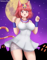 Rule 34 | 1girl, absurdres, animal crossing, ankha (animal crossing), ankha (animal crossing) (cosplay), bandages, breasts, cat girl, cosplay, egyptian clothes, full moon, highres, large breasts, moon, nintendo, patdarux, pyra (xenoblade), red eyes, red hair, short hair, solo, star (sky), swept bangs, xenoblade chronicles (series), xenoblade chronicles 2