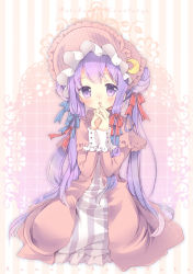 Rule 34 | 1girl, alternate hairstyle, alternate headwear, aogiri sei, blush, bonnet, capelet, coat, crescent, dress, hair bun, hair ribbon, long hair, long sleeves, looking at viewer, open clothes, open coat, open mouth, own hands clasped, own hands together, patchouli knowledge, purple dress, purple eyes, purple hair, ribbon, sitting, solo, striped clothes, striped dress, touhou, tress ribbon, twintails, very long hair
