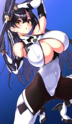 Rule 34 | 1girl, animal ears, aruto (shake onigiri), atago (azur lane), azur lane, bare shoulders, black hair, black pantyhose, blue background, breasts, cleavage cutout, clothing cutout, cosplay, covered erect nipples, covered navel, dog ears, dog girl, hair between eyes, hands up, high heels, highres, holding, holding sword, holding weapon, katana, large breasts, long hair, looking at viewer, mole, mole under eye, official alternate costume, pantyhose, parted lips, simple background, solo, sword, takao (azur lane), takao (azur lane) (cosplay), takao (divine exorcist&#039;s blade) (azur lane), weapon, yellow eyes