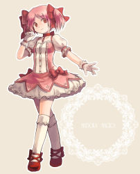 Rule 34 | 10s, 1girl, ariori haberi, bad id, bad pixiv id, bow, female focus, full body, gloves, kaname madoka, mahou shoujo madoka magica, mahou shoujo madoka magica (anime), neck ribbon, pink hair, puffy sleeves, red eyes, ribbon, short twintails, skirt, solo, twintails