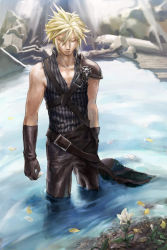 Rule 34 | 1990s (style), 1boy, blonde hair, cloud strife, closed eyes, final fantasy, final fantasy vii, gloves, male focus, solo, standing, syoen, temple, water
