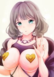 Rule 34 | 10s, 1girl, bare shoulders, breasts, brown hair, collarbone, covered erect nipples, female focus, glint, green eyes, heart pasties, highres, idolmaster, idolmaster cinderella girls, jacket, jewelry, large breasts, md5 mismatch, mole, mole under eye, necklace, off shoulder, pasties, simple background, solo, takagaki kaede, upper body, w, white background, yeyebirdie