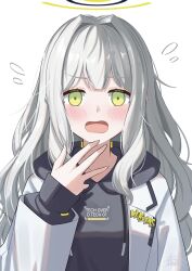 Rule 34 | 1girl, absurdres, black hoodie, blue archive, blush, fukujin, green eyes, grey hair, hair between eyes, hare (blue archive), highres, hood, hoodie, jacket, long hair, long sleeves, looking at viewer, open clothes, open jacket, open mouth, simple background, solo, white background, white jacket