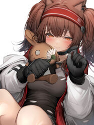 Rule 34 | 1girl, absurdres, angelina (arknights), animal ears, arknights, black collar, black gloves, black shirt, blush, breasts, brown hair, collar, daisy, earclip, flower, fox ears, fox girl, gloves, hairband, highres, holding, holding flower, holding stuffed toy, infection monitor (arknights), jacket, knees up, long hair, long sleeves, medium breasts, open clothes, open jacket, orange eyes, red hairband, shirt, simple background, sitting, solo, stuffed animal, stuffed rabbit, stuffed toy, tab head, twintails, white background, white flower, white jacket