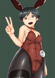 Rule 34 | 10s, 1girl, animal ears, arm at side, bare shoulders, black hair, black pantyhose, blush, breasts, choker, collarbone, cowboy shot, fake animal ears, from below, green background, green eyes, hamushima, hand gesture, kantai collection, kemonomimi mode, leotard, looking at viewer, looking down, mogami (kancolle), open mouth, pantyhose, playboy bunny, purple eyes, rabbit ears, red leotard, round teeth, shiny clothes, short hair, simple background, small breasts, solo, standing, strapless, strapless leotard, teeth, thighband pantyhose, v
