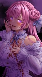 Rule 34 | 1girl, bare shoulders, blood, blood on clothes, blood on face, blush, braid, breasts, detached sleeves, dorothy (nikke), dress, frilled dress, frills, goddess of victory: nikke, hair bun, hair ribbon, highres, large breasts, long hair, looking at viewer, masatoshi 1219, open mouth, pink hair, purple eyes, purple ribbon, ribbon, solo, white dress
