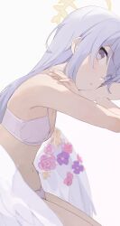 Rule 34 | 1girl, azusa (blue archive), azusa (swimsuit) (blue archive), blue archive, bra, grey background, halo, highres, hiroki (yyqw7151), long hair, looking at viewer, official alternate costume, purple hair, solo, underwear, white wings, wings, yellow halo