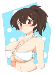 1girl bikini blush breasts brown_eyes brown_hair cleavage closed_mouth commentary cropped_arms cropped_torso frown girls_und_panzer hair_ribbon halterneck harikiri_seppuku_samurai highres koyama_yuzu large_breasts looking_at_viewer medium_hair navel o-ring o-ring_bikini ponytail ribbon skindentation solo swimsuit upper_body white_bikini