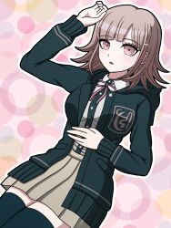 Rule 34 | 1girl, :o, arm up, black jacket, black thighhighs, blunt bangs, breasts, brown skirt, collared shirt, cowboy shot, danganronpa (series), danganronpa 2: goodbye despair, dress shirt, flipped hair, hand up, highres, hood, hood down, hooded jacket, jacket, large breasts, long sleeves, multicolored background, nanami chiaki, neck ribbon, open mouth, outline, pink eyes, pink ribbon, pleated skirt, ribbon, shirt, skirt, solo, suiren yurei, thighhighs, two-tone shirt, white outline
