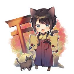 Rule 34 | 1girl, :d, animal, animal ears, black cat, black hair, boots, brown footwear, brown hakama, brown kimono, cat, cat ears, cat girl, cat tail, commentary request, cross-laced footwear, fang, green eyes, hakama, hakama skirt, highres, japanese clothes, kimono, lace-up boots, long hair, long sleeves, looking at viewer, midorikawa you, open mouth, original, pinching sleeves, skirt, sleeves past wrists, smile, solo, tail, tail raised, torii, transparent background, white background, wide sleeves