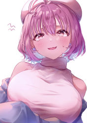 Rule 34 | 1girl, absurdres, ahoge, bare shoulders, blue hair, blush, breasts, commentary, earrings, fang, ggi315, hair between eyes, hair intakes, hat, heart, heart earrings, highres, idolmaster, idolmaster cinderella girls, jewelry, large breasts, long sleeves, looking at viewer, multicolored hair, nervous smile, open mouth, pink eyes, pink hair, red lips, simple background, skin fang, sleeveless, smile, solo, sweatdrop, symbol-only commentary, tearing up, turtleneck, twitter username, two-tone hair, upper body, yumemi riamu