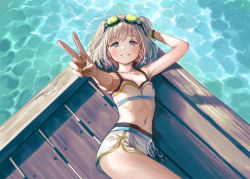 Rule 34 | 1girl, absurdres, banned artist, bare arms, bare shoulders, bikini, bikini shorts, blue eyes, bob cut, bolbbangbbang, bracelet, earrings, from above, goggles, goggles on head, grey hair, highres, idolmaster, idolmaster shiny colors, jetty, jewelry, looking at viewer, lying, navel, on side, serizawa asahi, short hair, shorts, solo, star (symbol), star earrings, swimsuit, thighs, v, water
