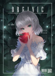 Rule 34 | 1girl, absurdres, apple, barcode, bare shoulders, blush, crystalherb, dress, english text, food, fruit, green eyes, hair ornament, hairclip, highres, holding, holding food, holding fruit, leaf, leaf background, looking at viewer, open mouth, original, short hair, silver hair, white dress