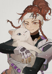 Rule 34 | 1girl, akihare, animal, armor, bb brigitte, black shirt, braid, brigitte (overwatch), brown eyes, brown hair, cat, chain necklace, closed mouth, elbow gloves, fingerless gloves, gloves, grey background, half-closed eye, headband, highres, holding, holding animal, jewelry, long hair, long sleeves, looking at viewer, necklace, one eye closed, overwatch, overwatch 2, ponytail, shirt, shoulder armor, simple background, single elbow glove, solo, twin braids, upper body, weibo logo, weibo watermark, white cat, white gloves, white headband