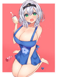 Rule 34 | 1girl, alternate costume, apron, baby bottle, bare legs, barefoot, blue apron, blush, bottle, braid, breasts, cleavage, commentary, embarrassed, green eyes, hair between eyes, highres, hololive, large breasts, looking at viewer, mi taro333, naked apron, open mouth, pacifier, pink background, rattle, shirogane noel, short hair, silver hair, simple background, sitting, skindentation, solo, tareme, tiara, trembling, virtual youtuber, wariza
