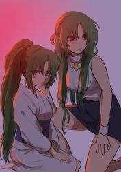 Rule 34 | 2girls, absurdres, alternate costume, animal ears, blonde hair, blue sky, glaring, grey background, hand on own thigh, hand on thigh, hands on lap, highres, higurashi no naku koro ni, japanese clothes, kayo1102, kimono, long hair, looking at viewer, looking to the side, multiple girls, necktie, obi, on one knee, ponytail, rabbit ears, red eyes, sash, seiza, siblings, sisters, sitting, skirt, sky, sonozaki mion, sonozaki shion, thighs
