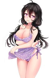 Rule 34 | 1girl, apron, apron lift, bad id, bad pixiv id, beifeng han, black hair, breast hold, breasts, cleavage, clothes lift, collarbone, colored eyelashes, embarrassed, eyebrows hidden by hair, female focus, floral print, hair between eyes, large breasts, looking at viewer, miyaura sanshio, mouth hold, naked apron, nearly naked apron, original, panties, print panties, purple eyes, purple panties, revision, side-tie panties, sideboob, simple background, solo, thighs, twintails, underwear, untying, wavy hair, white background