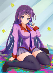 Rule 34 | 1girl, absurdres, arm at side, bakemonogatari, blue eyes, blue thighhighs, blush, breasts, brown footwear, collar, collared shirt, commentary request, eyelashes, frown, full body, hand up, highres, holding, loafers, long hair, long sleeves, looking at viewer, medium breasts, miramira1908, monogatari (series), naoetsu high school uniform, necktie, pink shirt, pleated skirt, puffy sleeves, purple hair, purple necktie, red collar, ruler, school uniform, scissors, senjougahara hitagi, shadow, shirt, shoes, sidelocks, sitting, skirt, sleeve cuffs, solo, stapler, star (symbol), stationery, swept bangs, thighhighs, thighs, wariza, zettai ryouiki