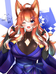 Rule 34 | 1girl, ahoge, animal ear fluff, animal ears, bare shoulders, blue eyes, blue kimono, blush, bodystocking, breasts, bridal gauntlets, cleavage, double fox shadow puppet, fang, fox ears, fox girl, fox shadow puppet, highres, japanese clothes, kimono, large breasts, light brown hair, long hair, looking at viewer, milo1205, open mouth, original, signature, solo