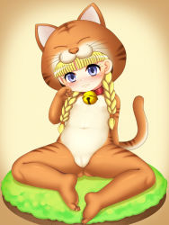 Rule 34 | 1girl, :3, animal costume, animal ears, bell, blonde hair, blue eyes, blush, braid, cat costume, cat ears, cat tail, cleft of venus, collar, covered navel, dragon quest, dragon quest xi, fake animal ears, fake tail, female focus, full body, highres, jingle bell, looking at viewer, miyanii (myanie), neck bell, sitting, solo, tail, twin braids, veronica (dq11)