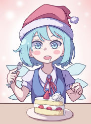 Rule 34 | 1girl, absurdres, blue eyes, blue hair, cake, cirno, collared shirt, eyebrows hidden by hair, food, fork, hat, highres, holding, holding fork, kame (kamepan44231), looking down, neck ribbon, one-hour drawing challenge, open mouth, pink background, plate, puffy short sleeves, puffy sleeves, red hat, red ribbon, ribbon, saliva, santa hat, shirt, short hair, short sleeves, solo, touhou, upper body, white shirt