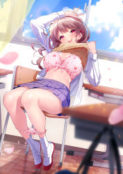 Rule 34 | 1girl, :p, absurdres, arm up, blouse, blurry, blurry foreground, blush, bra, breasts, brown hair, chair, cherry blossoms, classroom, clothes lift, cloud, curtains, day, desk, food print, hair ribbon, highres, indoors, large breasts, lifted by self, long hair, long sleeves, looking at viewer, on chair, open clothes, open shirt, original, panties, panties around ankles, panty pull, petals, pink bra, pink eyes, pink panties, pleated skirt, print panties, purple skirt, red ribbon, ribbon, rifuru, school chair, school desk, shirt, shoes, sitting, skirt, socks, solo, strawberry bra, strawberry panties, strawberry print, sweater, sweater lift, sweater vest, tongue, tongue out, underwear, uwabaki, white shirt, white socks, window