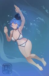 Rule 34 | 1girl, air bubble, arm up, armpits, asphyxiation, barefoot, bikini, black ribbon, blue hair, blush, breasts, bubble, cleavage, dif (difman), difman, drowning, full body, highres, holding breath, jewelry, knees, large breasts, navel, necklace, original, puffy cheeks, ribbon, ryona, short hair, solo, swimming, swimsuit, thighs, underwater, water torture, white bikini, wide-eyed, yellow eyes