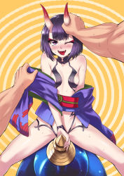 Rule 34 | 1boy, 1girl, alphy, blush, breasts, eyebrows, fangs, fate/grand order, fate (series), highres, horn grab, horns, japanese clothes, kimono, looking at viewer, navel, off shoulder, one eye closed, oni, open mouth, orange background, pale skin, purple eyes, purple hair, revealing clothes, sexually suggestive, short hair, shuten douji (fate), small breasts, smile, solo focus, spread legs, straddling, sweat, tongue, tongue out