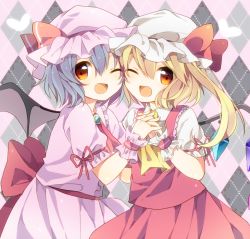Rule 34 | 2girls, ;d, argyle, argyle background, argyle clothes, ascot, bad id, bad pixiv id, blonde hair, blue hair, fang, female focus, flandre scarlet, hat, hat ribbon, holding hands, looking at viewer, multiple girls, one eye closed, open mouth, poooka, red eyes, remilia scarlet, ribbon, skirt, skirt set, smile, touhou, wings, wink, wrist cuffs