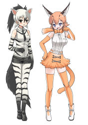 Rule 34 | 10s, 2girls, aardwolf (kemono friends), animal ears, black hair, blush, boots, bow, bowtie, breast pocket, caracal (kemono friends), elbow gloves, fang, footwear bow, gloves, highres, kemono friends, light brown hair, moriko (moliko), multicolored hair, multiple girls, necktie, pantyhose, pocket, ponytail, shoes, short hair, shorts, skirt, striped, tail, thighhighs, traditional bowtie, vest, white hair, zettai ryouiki