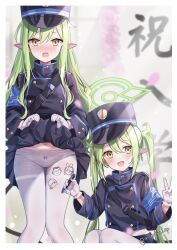Rule 34 | 2girls, arona (blue archive), black hat, black jacket, black skirt, black tail, blue archive, blush, buttons, clothes lift, demon tail, doodle sensei (blue archive), double-breasted, earrings, gloves, green hair, green halo, halo, hat, hikari (blue archive), nozomi (blue archive), highres, holding, holding pen, jacket, jewelry, lifting own clothes, long hair, long sleeves, looking at viewer, multiple girls, navel, open mouth, panties, panties under pantyhose, pantyhose, peaked cap, pen, plana (blue archive), pleated skirt, pointy ears, sakurai momoka no musuko, sensei (blue archive), sidelocks, single earring, skirt, skirt lift, tail, twintails, twitter username, underwear, white gloves, white panties, white pantyhose, yellow eyes