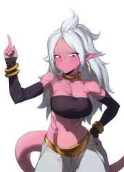 Rule 34 | 1girl, absurdres, android 21, arc system works, bandeau, bare shoulders, black nails, closed mouth, colored skin, detached sleeves, dragon ball, dragon ball fighterz, earrings, elbow gloves, female focus, gloves, gold bracelet, gold earrings, hand on own hip, harem pants, highres, hoop earrings, jewelry, majin android 21, navel, pants, pink skin, pink tail, pointy ears, simple background, solo, stomach, white background, zquung