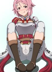Rule 34 | 10s, 1girl, armor, bad id, bad pixiv id, blush, breastplate, gloves, hair ornament, hairclip, highres, lisbeth (sao), lisbeth (sao-alo), mokichi (nvzy3n), pink eyes, pink hair, pussy, short hair, smile, solo, spread legs, spread pussy, spread pussy under clothes, sword art online, translation request, uncensored