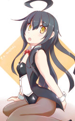 Rule 34 | 1girl, ahoge, akai akasaki, alternate costume, antenna hair, black hair, black leotard, blush, bow, bowtie, breasts, brown pantyhose, corset, detached collar, jacket, kantai collection, leotard, long hair, looking at viewer, magician, mikazuki (kancolle), open clothes, open jacket, open mouth, pantyhose, playboy bunny, red bow, short sleeves, sitting, small breasts, smile, solo, tailcoat, twitter username, white background, wrist cuffs, yellow eyes