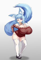 Rule 34 | 1girl, animal ear fluff, animal ears, bare shoulders, blue eyes, blue hair, blue nails, blunt bangs, breast suppress, breasts, bright pupils, chain, cleavage, collar, commission, curvy, dress, fox ears, fox girl, fox tail, gold chain, gradient background, hand on own hip, highres, huge breasts, lips, long hair, mary janes, microdress, nav (itsnav), off-shoulder sweater, off shoulder, one eye closed, original, parted lips, shoes, shortstack, simple background, solo, sweater, sweater dress, tail, thick thighs, thighhighs, thighs, very long hair, white thighhighs