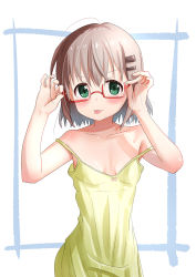 Rule 34 | 1girl, absurdres, bare shoulders, breasts, chemise, collarbone, commentary request, cowboy shot, green eyes, grey hair, hair ornament, hairclip, highres, kohshibasaki, lingerie, looking at viewer, off shoulder, rectangular eyewear, semi-rimless eyewear, short hair, small breasts, solo, spaghetti strap, tongue, tongue out, underwear, yama no susume, yukimura aoi