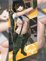 Rule 34 | 1girl, assault rifle, belt, black belt, breasts, brown eyes, brown hair, commission, dgkamikaze, eyepatch, girls&#039; frontline, gloves, green footwear, green gloves, green pants, grenade launcher, gun, highres, looking at viewer, m16, m16a1, m16a1 (girls&#039; frontline), m203, metal gear (series), metal gear solid v: the phantom pain, mole, mole under eye, multicolored hair, open mouth, pants, rifle, shirt, short sleeves, solo, underbarrel grenade launcher, weapon, white shirt