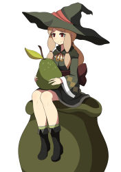 Rule 34 | 1girl, absurdres, bad id, bad pixiv id, black footwear, black skirt, blush, boots, bow, brown bow, brown eyes, closed mouth, food, fruit, green hat, green shirt, green socks, hat, highres, holding, holding food, holding fruit, light brown hair, long hair, long sleeves, looking away, original, oversized object, pear, shirt, sidelocks, simple background, sitting, skirt, socks, solo, surio, white background, wide sleeves, witch hat