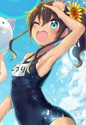 Rule 34 | ahoge, alternate costume, arm up, armpits, blue eyes, blue sky, blush, breasts, brown hair, cat, character name, cloud, cloudy sky, collarbone, day, flat chest, flower, hair ornament, hand on own head, hololive, minamura haruki, natsuiro matsuri, official art, one-piece swimsuit, one eye closed, open mouth, outdoors, ponytail, school swimsuit, sideboob, skindentation, sky, solo focus, sparkle, sunflower, swimsuit, virtual youtuber, water