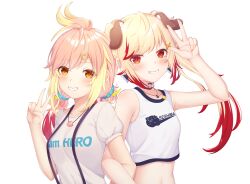 Rule 34 | 2girls, animal ear fluff, animal ears, animare, bare shoulders, blonde hair, blush, breasts, character name, choker, crop top, dog ears, grin, highres, hira hikari, jewelry, locked arms, long hair, looking at viewer, low twintails, medium breasts, multicolored hair, multiple girls, nanashi inc., necklace, o-ring, o-ring choker, orange eyes, orange nails, pink hair, print shirt, puffy short sleeves, puffy sleeves, red eyes, red hair, rin (0917608), seshima rui, shirt, short sleeves, sleeveless, sleeveless shirt, small breasts, smile, suspenders, transparent background, twintails, two-tone hair, upper body, virtual youtuber, w, white choker, white shirt