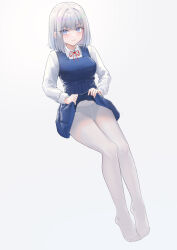 Rule 34 | 1girl, blue dress, blue eyes, blush, bob cut, breasts, closed mouth, clothes lift, collared shirt, commentary request, dress, dress lift, eyelashes, feet, full body, grey background, grey hair, highres, invisible chair, leaning back, legs, legs together, lifted by self, lim (ramu), long sleeves, medium breasts, medium hair, neck ribbon, original, panties, panties under pantyhose, pantyhose, pleated dress, red ribbon, ribbon, shirt, short dress, simple background, sitting, sleeveless, sleeveless dress, solo, toes, underwear, white pantyhose, white shirt