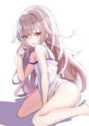 Rule 34 | 1girl, :o, alternate hairstyle, azur lane, bad proportions, bare arms, bare legs, bare shoulders, barefoot, blush, bottomless, breasts, camisole, commentary request, foot out of frame, from side, highres, laffey (azur lane), light purple hair, long hair, looking at viewer, messy hair, open mouth, red eyes, sidelocks, sitting, small breasts, solo, strap slip, teaspoon (teabreak otya), wariza