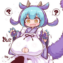 Rule 34 | 1girl, alexi (tits!), apron, blue hair, breasts, cleavage, fang, highres, huge breasts, laundry dragonmaid, maid, nervous, oppai loli, solo, tail, yu-gi-oh!