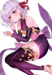 Rule 34 | 1girl, absurdres, armlet, armor, bare shoulders, bikini armor, blush, bracelet, breasts, collar, detached sleeves, dress, earrings, fate/grand order, fate (series), floral print, hair ribbon, highres, jewelry, kama (fate), kama (first ascension) (fate), legs, looking at viewer, lying, metal collar, miniskirt, nail polish, on side, pelvic curtain, purple dress, purple skirt, purple sleeves, purple thighhighs, red eyes, ribbon, ring, sandals, short hair, silver hair, simple background, skirt, small breasts, solo, suzuho hotaru, thighhighs, thighlet, white background