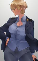 Rule 34 | 1girl, black pants, blonde hair, blush, brave witches, breasts, brown eyes, cameltoe, cleavage, collarbone, covered erect nipples, earrings, em (totsuzen no hakike), gluteal fold, gradient background, grey background, hand on own hip, hat, holding, holding clothes, holding hat, jewelry, large breasts, looking at viewer, military, military uniform, pants, short hair, simple background, smile, solo, uniform, unworn hat, unworn headwear, waltrud krupinski, world witches series