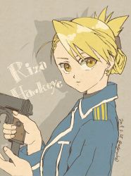 Rule 34 | 1girl, amestris military uniform, blonde hair, character name, dated, earrings, folded ponytail, from side, fullmetal alchemist, gun, highres, holding, holding gun, holding weapon, jewelry, mojacookie, riza hawkeye, shadow, solo, twitter username, upper body, weapon, yellow eyes