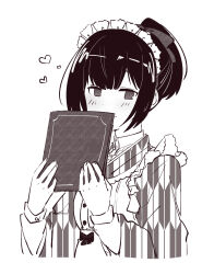 Rule 34 | 1girl, absurdres, apron, blush, folder, frilled apron, frills, greyscale, hands up, highres, holding, holding folder, idolmaster, idolmaster shiny colors, japanese clothes, jewelry, kimono, long sleeves, looking at viewer, maid, maid apron, maid headdress, monochrome, morino rinze, ponytail, print kimono, ring, seal 007, short hair, sidelocks, simple background, solo, unmoving pattern, upper body, wa maid, yagasuri