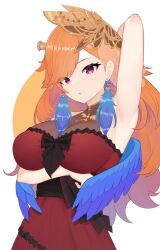 Rule 34 | 1girl, absurdres, armpits, breasts, cleavage, covered collarbone, dress, earrings, embroidered dress, feather earrings, feathers, gradient hair, highres, hololive, hololive english, jewelry, large breasts, long hair, looking at viewer, moursho, multicolored hair, official alternate costume, orange hair, phoenix wings, purple eyes, red dress, see-through, see-through cleavage, solo, takanashi kiara, takanashi kiara (party dress), virtual youtuber