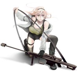 Rule 34 | 1girl, anti-materiel rifle, bare shoulders, barrett m82, black thighhighs, blue eyes, boots, breasts, cleavage, gloves, gun, headset, heterochromia, highres, jacket, large breasts, lips, long hair, nicole pmonachi, original, pink hair, rifle, short shorts, shorts, simple background, single glove, sniper rifle, solo, strap, thighhighs, weapon, yellow eyes
